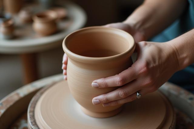 Artisan working on a custom ceramic pot, highlighting the detail and craftsmanship involved in commissions.